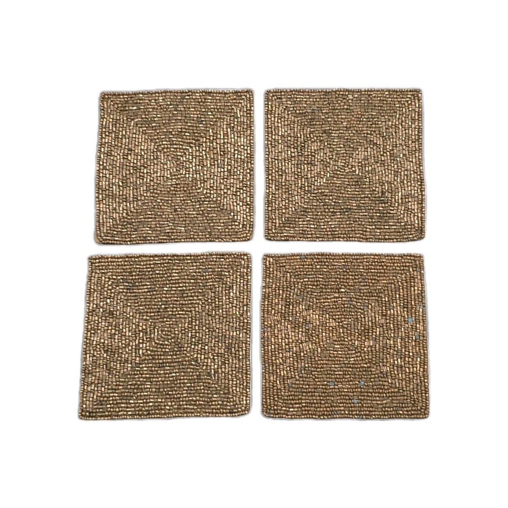 Kim Seybert NYC Beaded Glass Natural Stone Coasters Set Of 4 Gold Handmade Decor